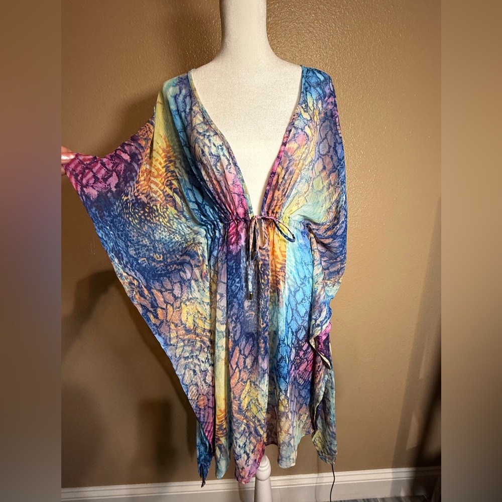 Sheer Flowy Sexy Vneck Multicolor Boho Beach Resort Cover-Up Dress Size M NWT
